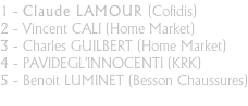 1 - Claude LAMOUR (Cofidis) 2 - Vincent CALI (Home Market) 3 - Charles GUILBERT (Home Market) 4 - PAVIDEGL’INNOCENTI (KRK) 5 - Benoit LUMINET (Besson Chaussures)